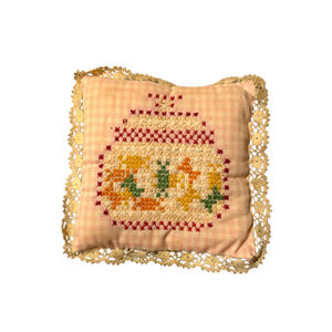 Vintage Cross-stitch Candy Jar Gingham Handmade Pillow Doily Lace Trim